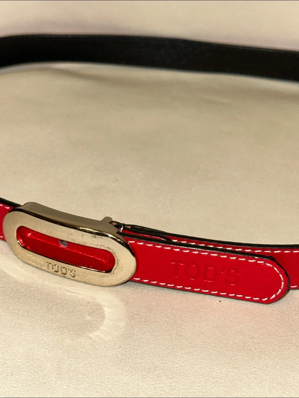 Tod's True Red Leather Belt with Silver Logo Engraved Buckle & White Stitching